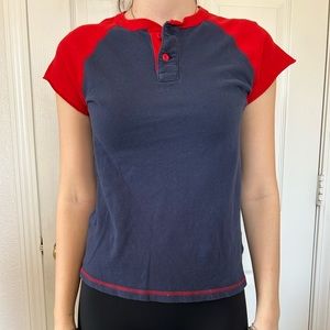 navy blue kids top with red sleeves